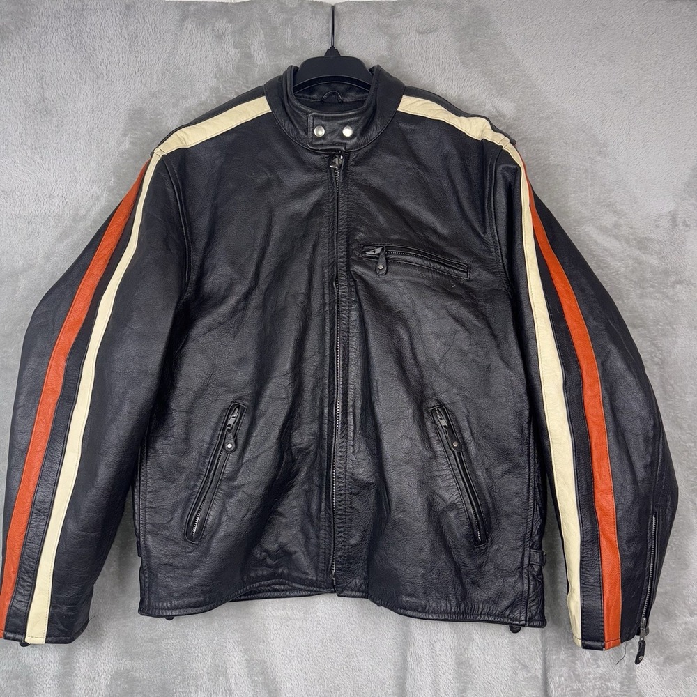 Hot Leathers Black‎ Leather Motorcycle Jacket 48 Racer Striped Vented Pockets